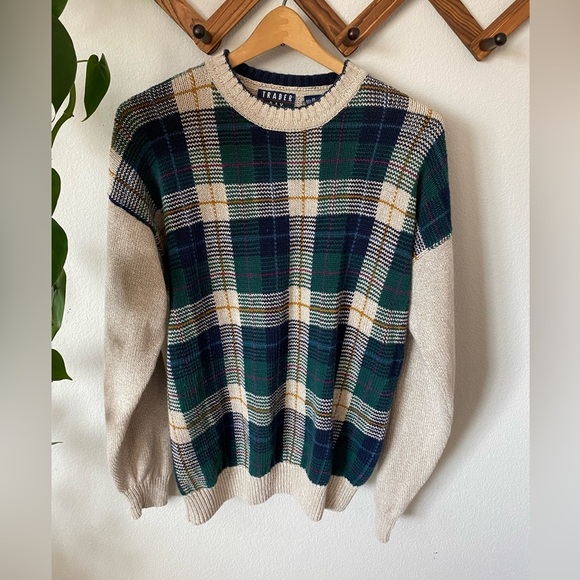 Vintage 90s Trader Bay Men’s M Plaid Knit Chunky Pullover Grandpa Sweater - Picture 1 of 6